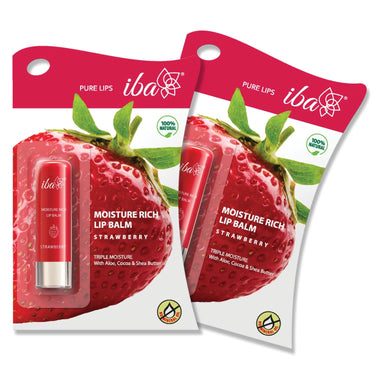 Iba Pure Lips Moisture Rich Lip Balm - Strawberry, 4.5 g (Pack of 2) | For Pigmented, Dry Damaged & Chapped Lips | Enriched with Cocoa Butter, Shea Butter l Glossy Finish | 100% Natural | Halal Certified & Vegan Makeup